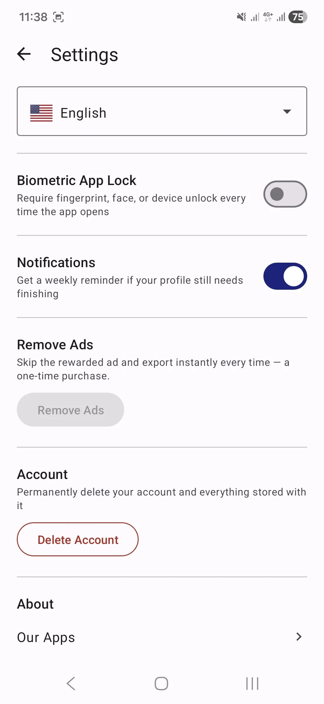 ProFile Settings screen showing the Account section with the Delete Account button